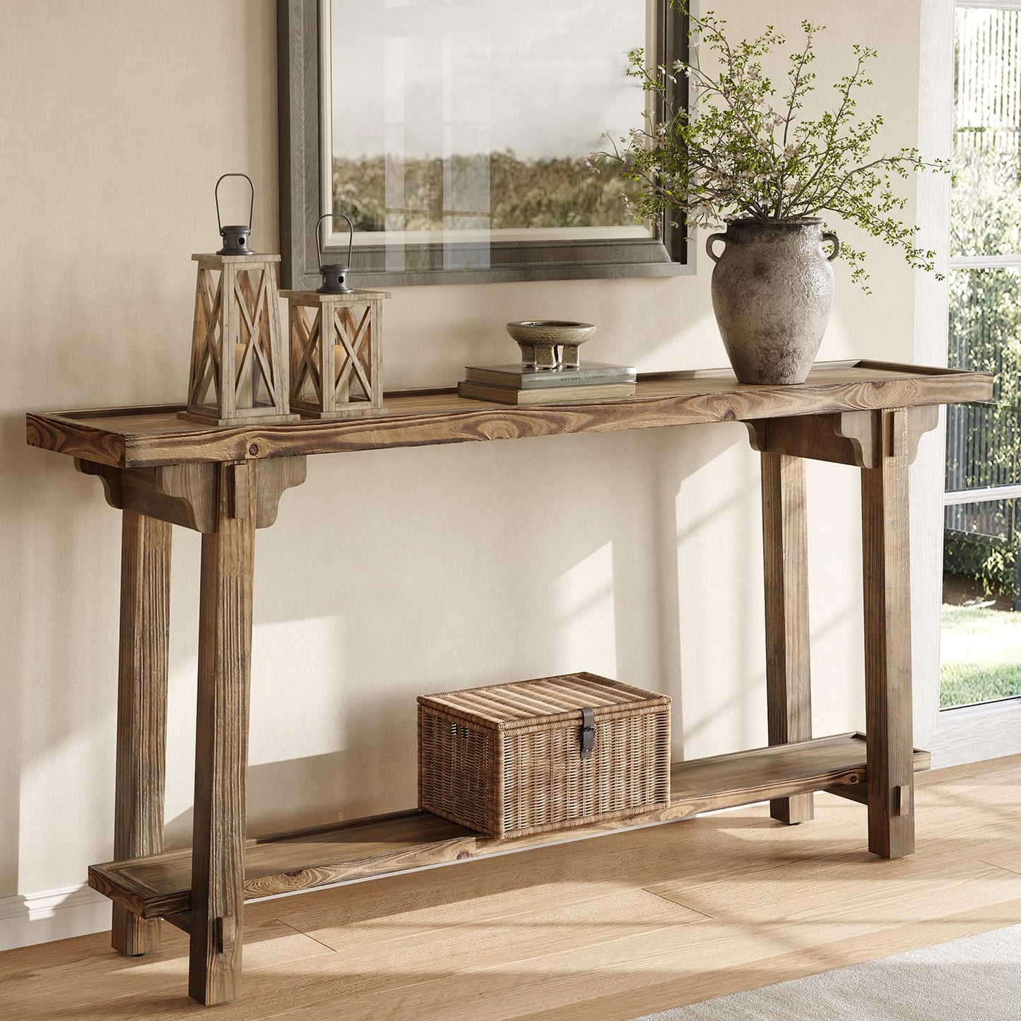 TRIBEWOOD Solid Wood Console Table for Entryway, 63-Inch Long Farmhouse Sofa Table Behind Couch with 2-Tier Storage, for Living Room, Foyer, Hallway, Entrance, Rustic Brown