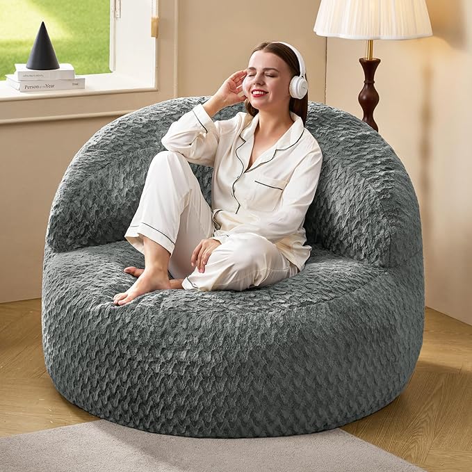 Hobestluk Bean Bag Chair Giant Bean Bag Chairs for Adults Big Bean Bag Chair with Memory Foam Filler Adults Large Beanbag with Faux Fur Cover for Bedroom (Chevron Grey,Large)