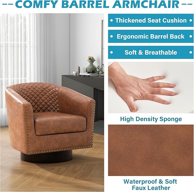 UIXE Faux Leather Swivel Accent Chair, Barrel Club Chair Modern Upholstered Armchair for Living Room, Comfy Single Sofa Bedroom Side Reading Seat - Brown