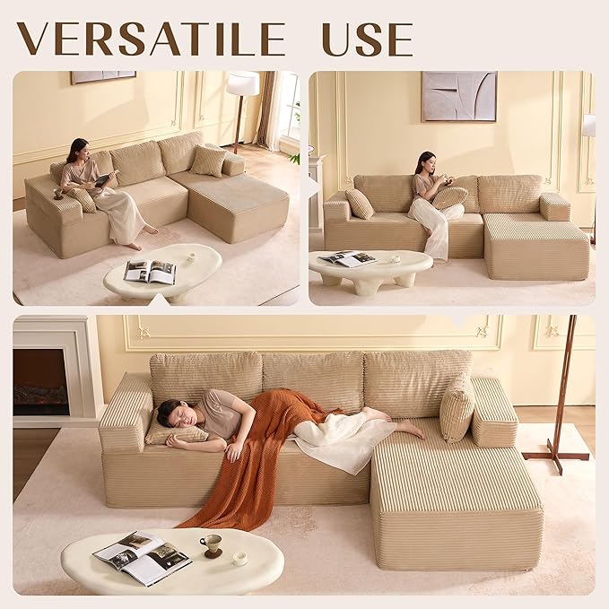 Afuson 107" Boneless Couch with Deep Seat, Modular Sectional Sofa, Cloud Sectional Couch for Living Room, No Assembly Required, Corduroy, L-Shape Right, Camel