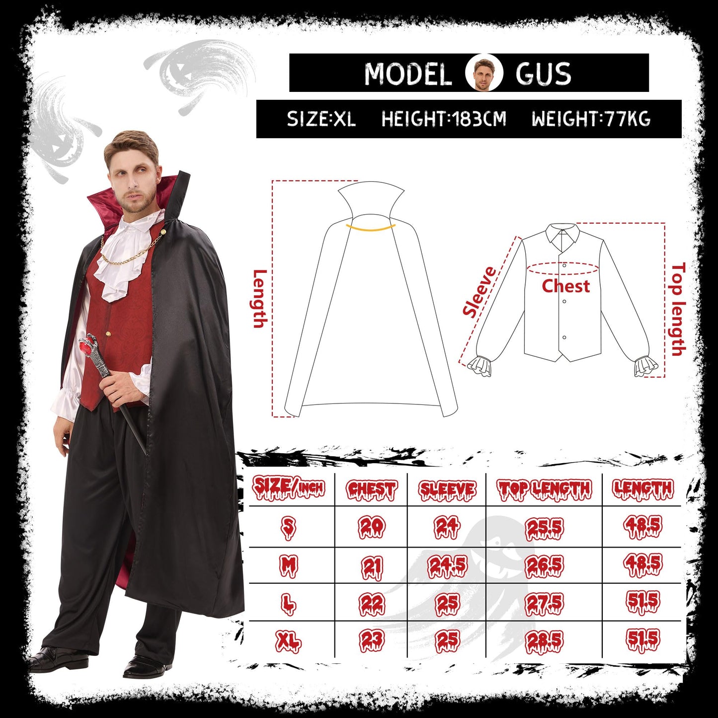Joyful Start Vampire Costume Men Adult, Mens Vampire Costume with Vampire Cape and Vampire Teeth, Halloween Costumes Men Adult Dress Up XL