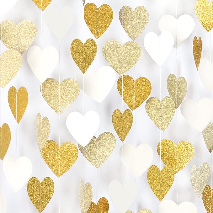 White-Gold Champagne Party-Decorations Heart Streamers Garland - 52Ft Christmas Wedding Engagement Hanging Paper Banner,Ba...