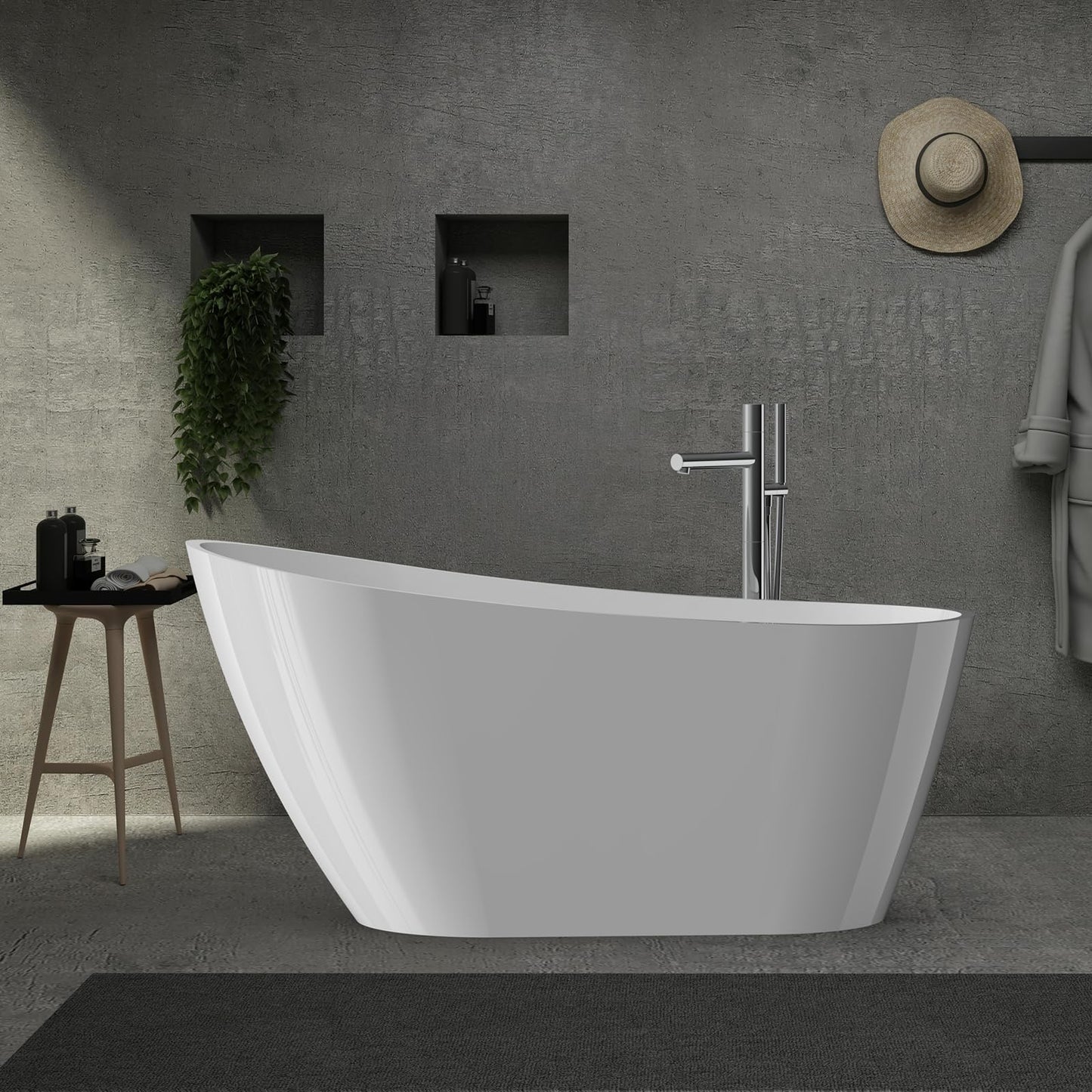 59" Acrylic FreeStanding Tub, Contemporary Deep Soaking Bathtub with Integrated Water Bypass and Drain, Gloss White Stand Alone Bath Tub, cUPC Certified Floor-Mounted Fixture, Gloss White