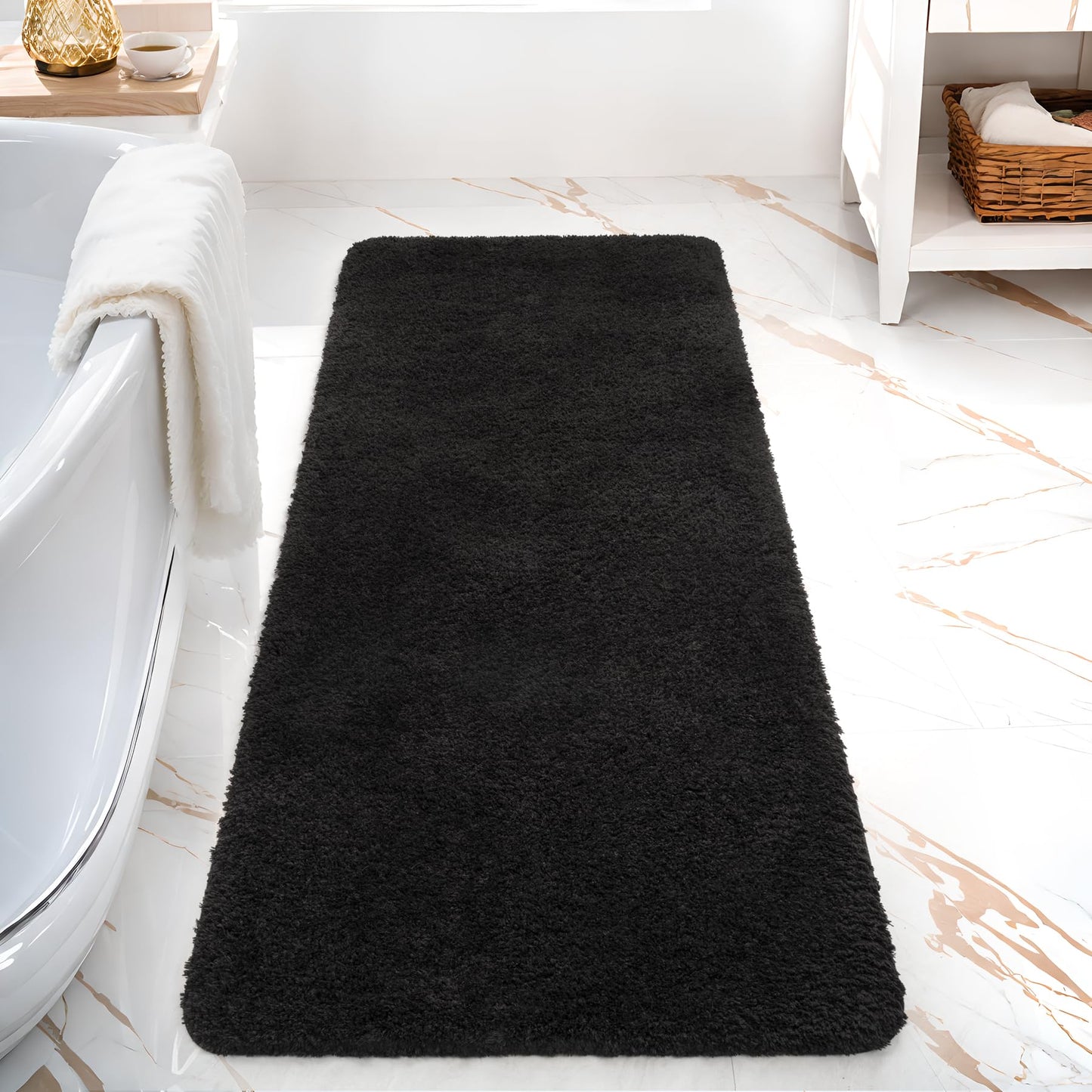 AROGAN Luxury Long Bathroom Runner Rug, 24x60 Inch Thick Soft and Absorbent Microfiber Non Slip Bath Mat, Rubber Backing Quick Dry Rugs Carpets, Machine Washable Plush Mats for Shower Floor, Black