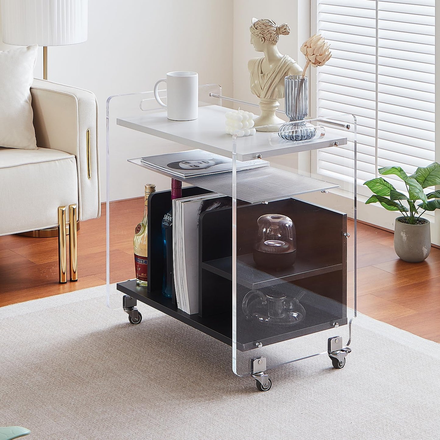 mollveesen Acrylic Record Player Stand，Vinyl Storage Holder Cabinet with Wheels，Large Turntable Stand with Shelf,Coffe Table Movable End Table Nightstand Stereo Cabinet for Living Room Bedroom Office
