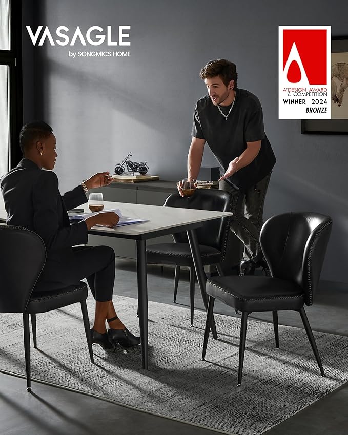 VASAGLE EKHO Collection - Dining Chairs Set of 2, Upholstered Kitchen Chairs, Comfortable Seat, Synthetic Leather with Stitching, Mid-Century Modern, Easy Assembly, Living Room Lounge, Ink Black