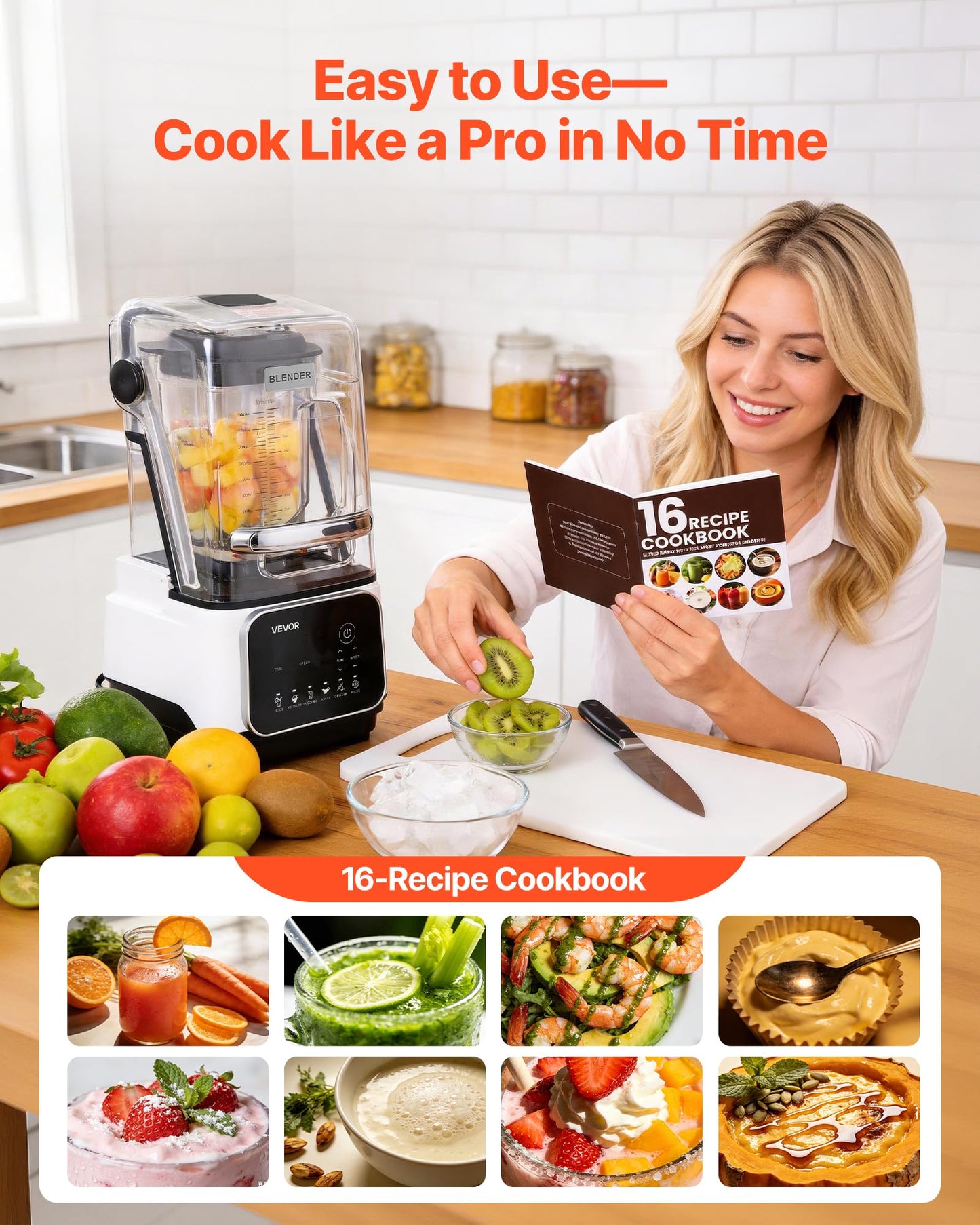 VEVOR Blender, 68 oz Professional Countertop Blenders with Shield, 2200W 26000RPM Kitchen Food Processor Combo, Self-Cleaning, Speed Adjustable, 6 Preset Menu for Smoothies, Ice Crushing, Puree, White