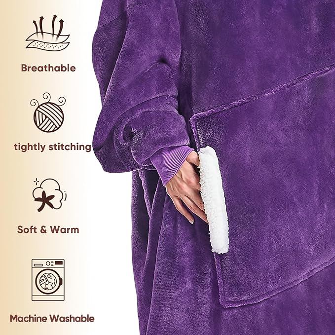 yescool Wearable Blanket Hoodie, Flannel Sherpa Fleece Blanket Sweatshirt for Adults Women Men,One Size Fits All