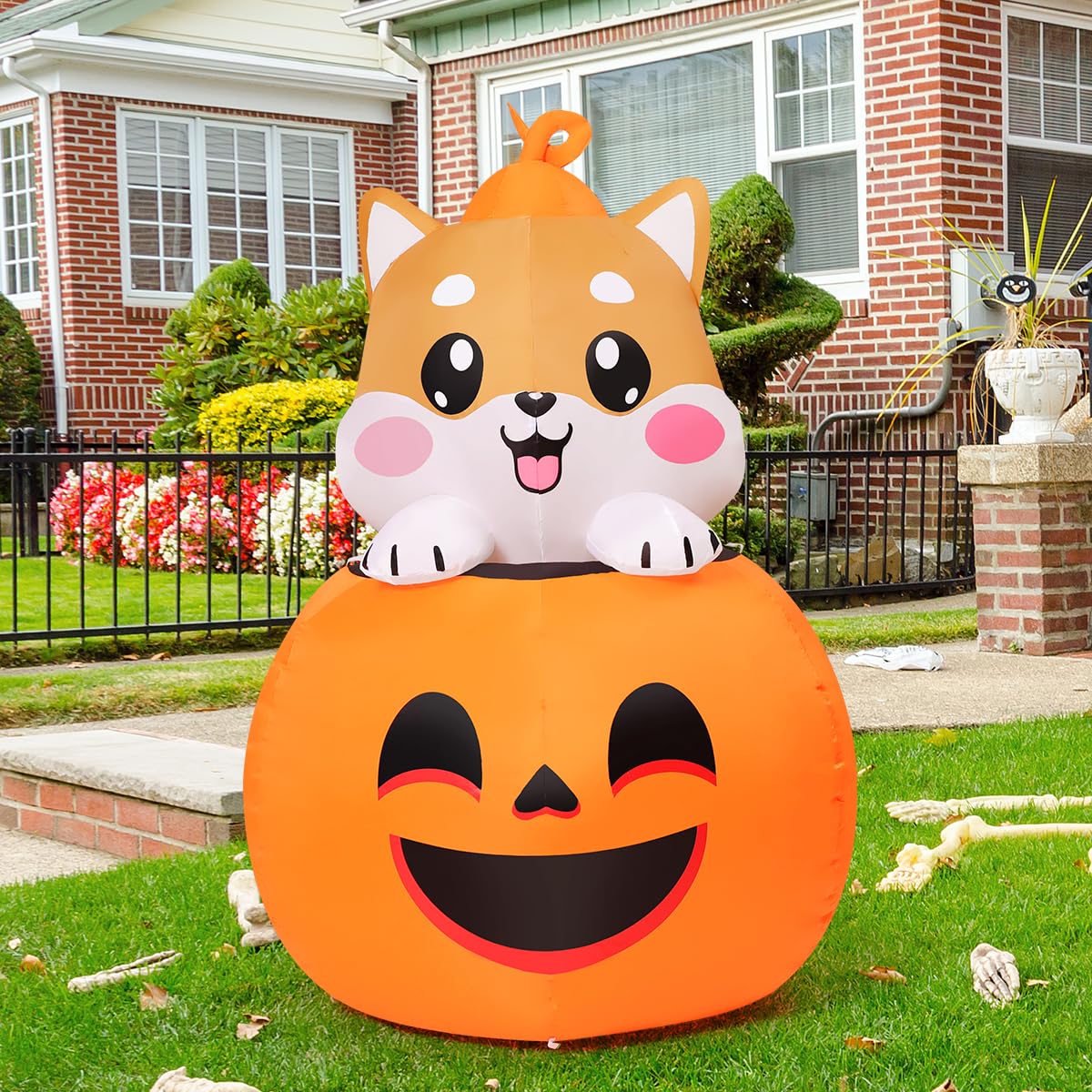 COMIN 5FT Halloween Inflatables Dog Lie on Pumpkin Blow Up Outdoor Yard Decorations with Built-in LEDs for Garden Lawn Decor