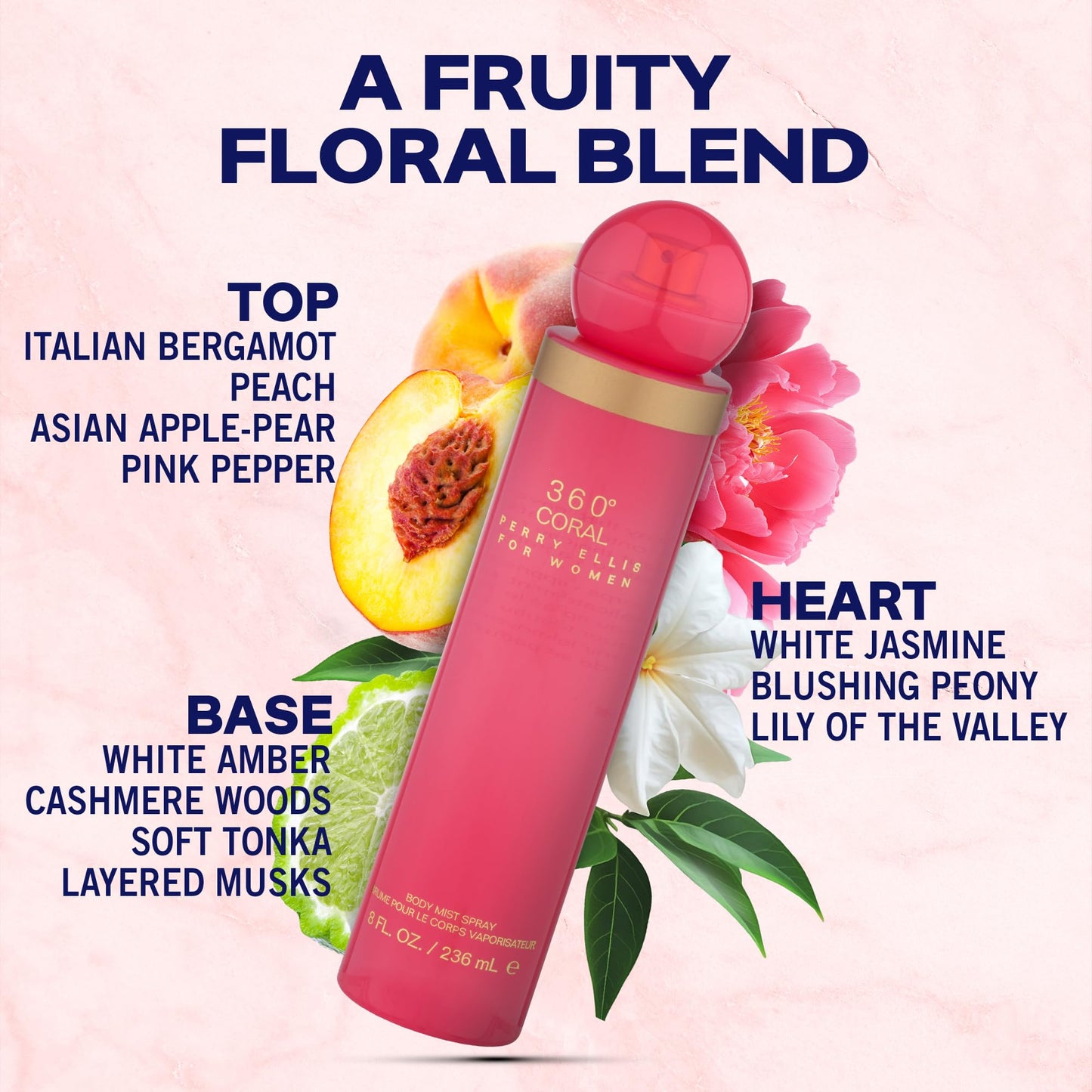 Perry Ellis 360° Coral Body Mist Spray for Women - Perfume for Women, Floral & Fruity Fragrance, EDT, Designer Scent for Her, Long Lasting - 8 fl oz (200 mL)