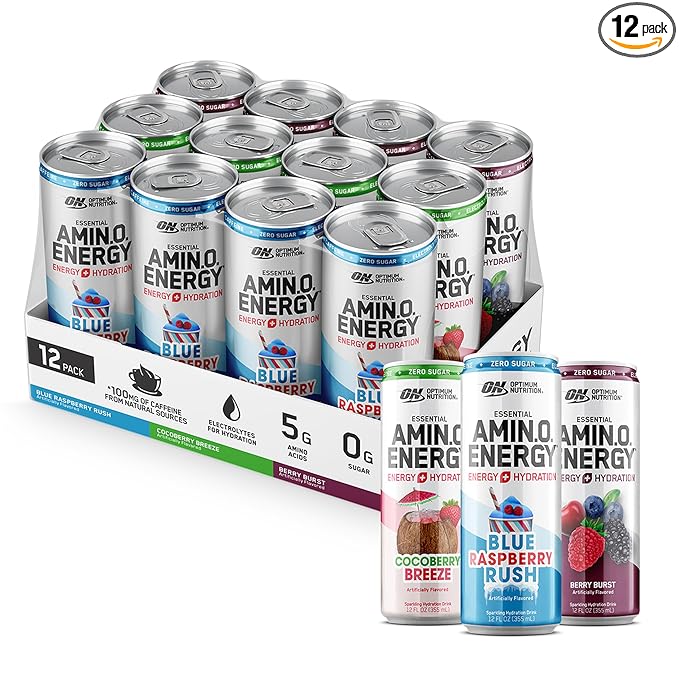 Optimum Nutrition Amino Energy Sparkling Hydration Drink, Electrolytes, Caffeine, Amino Acids, BCAAs, Sugar Free, 12 Fl O...