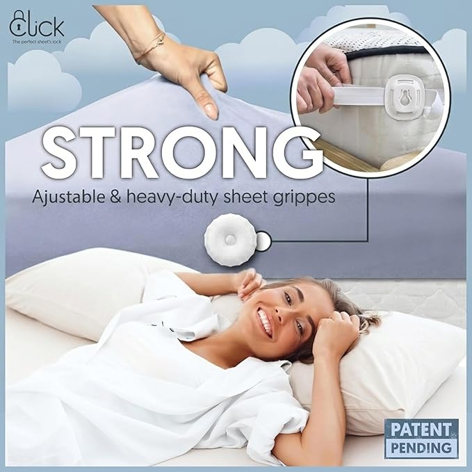 CLICK Sheet Holders 360° Heavy Duty Bedlock Set of 4 Sheet Clips Keeping Sheets in Place, No Lift Mattress Sheet Locks & Strap for Bedding, Bedsheet Fasteners Sheet Stays on King, Queen & Twin XL Beds