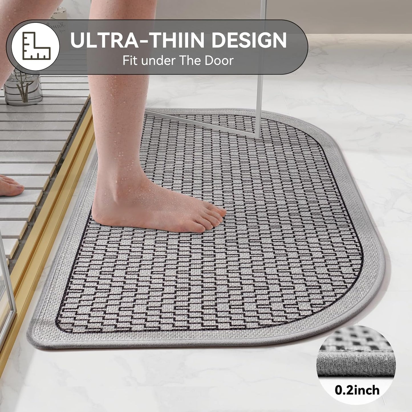 Ultra Thin Bathroom Rugs Mat Quick Dry Absorbent Non Slip Bath Mat Bath Mats for Bathtub Mat Bathroom Carpet Fit Under Door Woven Washable Floor Rubber Half Round Bath Rugs Grey 16x24