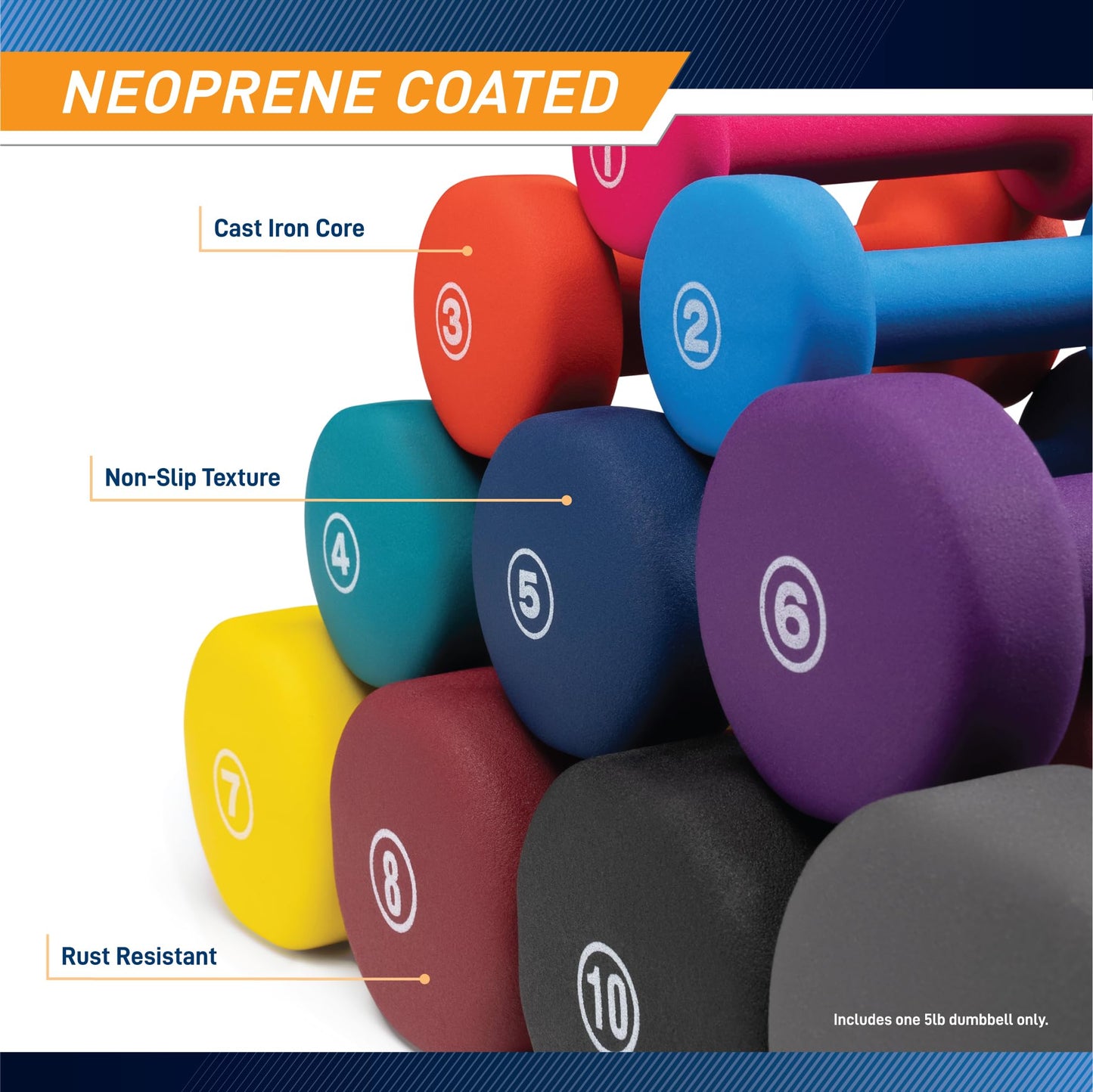 Marcy Neoprene Dumbbell, Single Piece, 5-lb, Indigo Blue