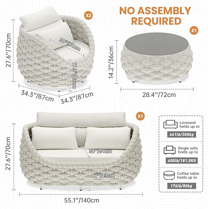 Erotr Metal Backyard Furniture Set: Aluminum Assembled Front Porch 4 Pieces Outdoor Set - Woven Rope Patio Conversation Set Modern - Cushioned Deck Couch Set Garden Sunroom Pool Hotel Resort, Beige