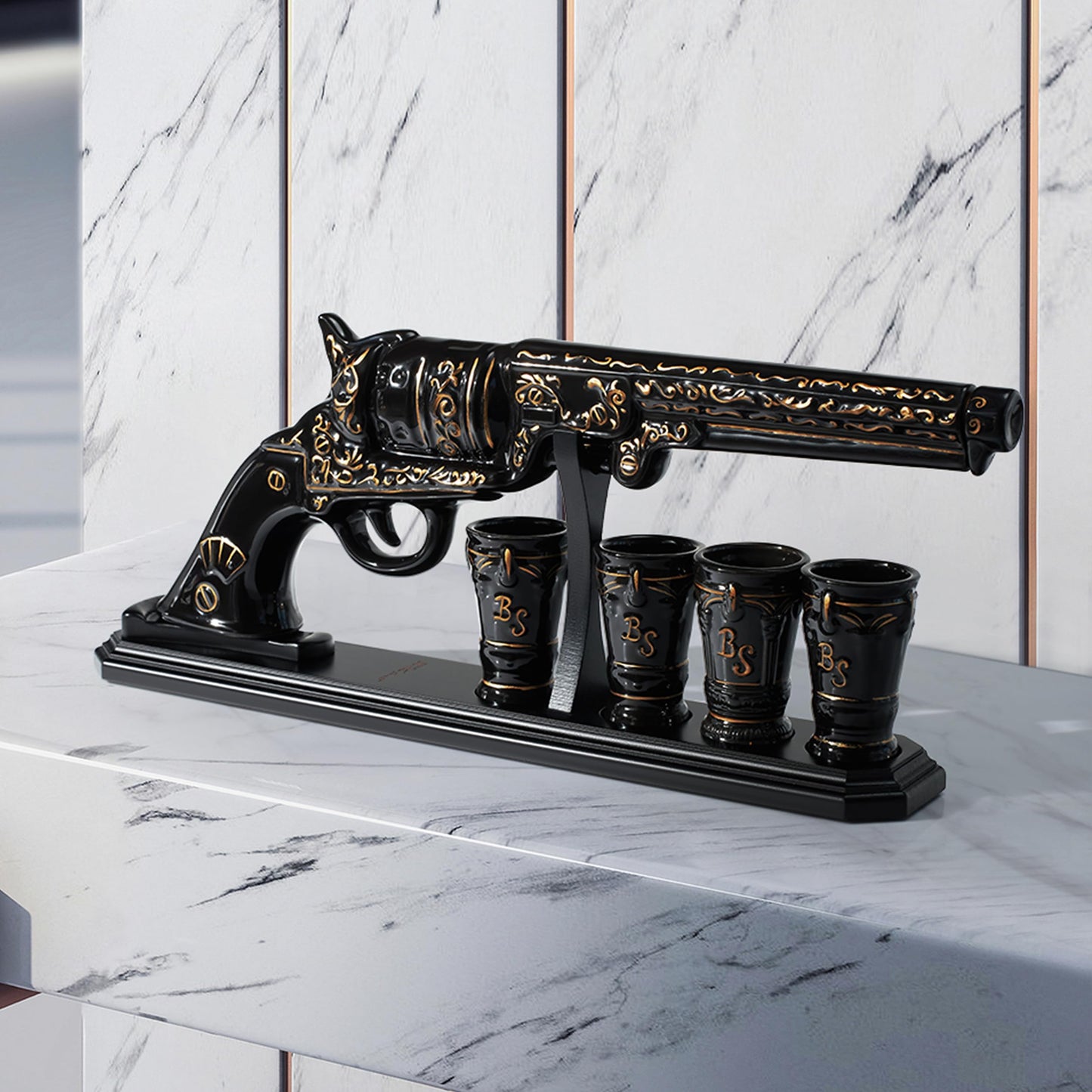 Gifts for Men Dad Hand Painted Pistol Gun Whiskey Decanter Set & Shot Glass - Black & Gold & 4 Bullet Shots - Unique Birthday Fathers Day - Gift for Brother, Cool Anniversary Present Him Husband