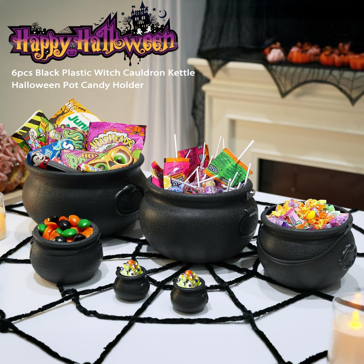 Zesua Halloween Decorations - 6 in 1 Package Large Black Plastic Witches Cauldron - Cauldron Candy Bowl - Trick or Treat - Cauldron Pot for Indoor Outdoor Party Table Decor