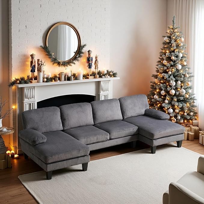 VINGLI 110" Sectional Couches for Living Room,U Shaped Couch with Double Chaise, 4-Seat Sofa Set with Corduroy Fabric for Home Furniture,Grey