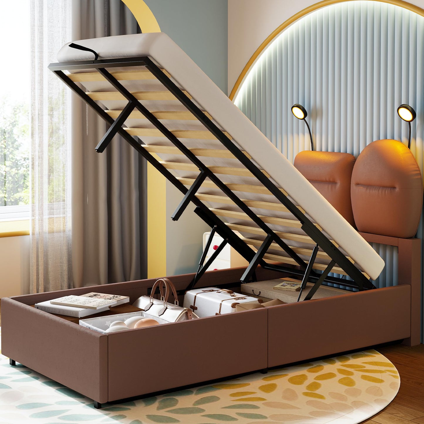 LIKIMIO Twin Bed Frame with Lift Up Storage, Modern Platform Bed with Upholstered Headboard & Light, Sturdy and Noiseless, Easy Assembly, Faux Leather