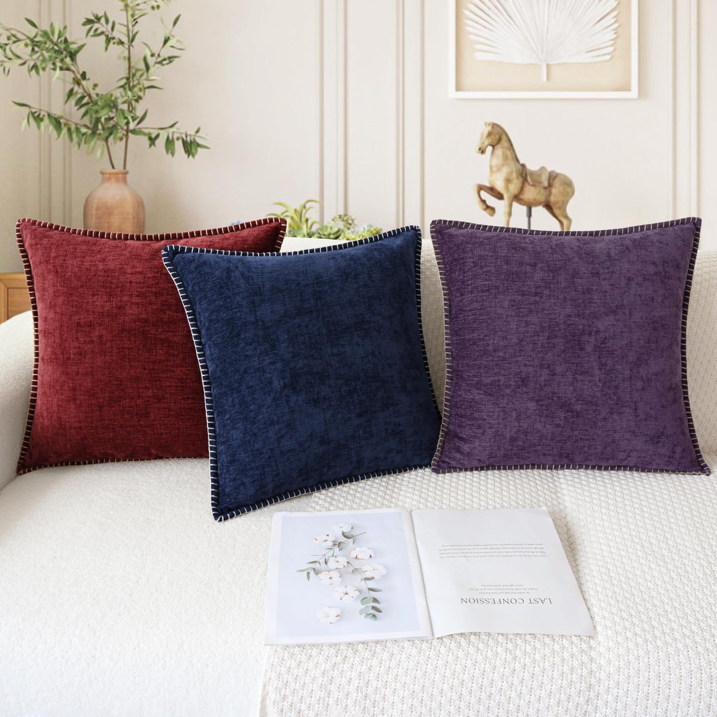 CaliTime Throw Pillow Covers Decorative 18 X 18 Inches Pack of 2 Cotton Thread Stitching Edges Solid Dyed Soft Chenille Cushion Cases for Couch Sofa Bed Living Room Farmhouse Burgundy
