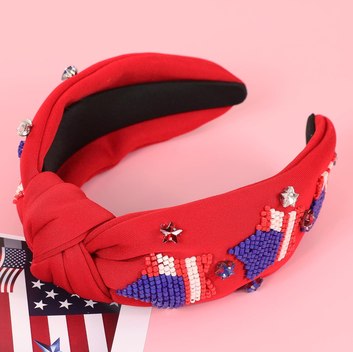 Gmmidea American Flag Star Headband 4th of July Patriotic Accessories for Women Girls Beaded Rhinestone Jeweled Knotted Headband