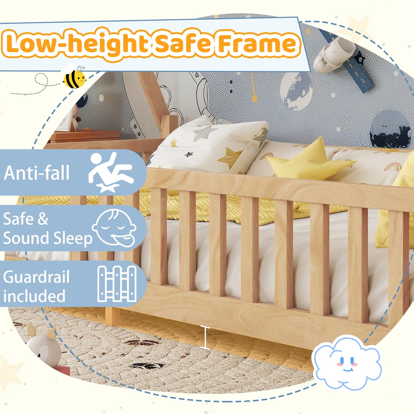 Mirightone Teepee Floor Bed for Kids, Twin Size Tent Beds with Hanging Rack, Detachable Montessori Floor Bed with Slats and Fence Rails, Wood House Bedframe for Boys Girls, Natural