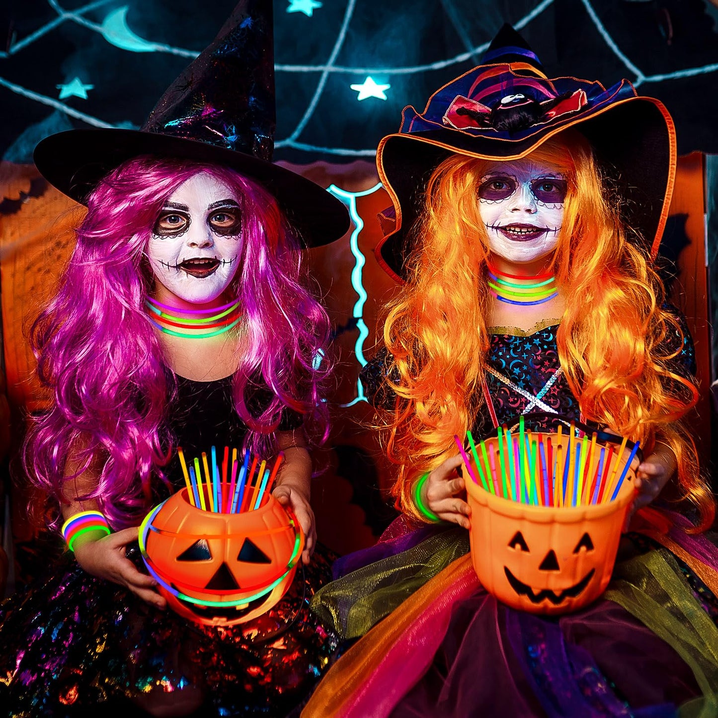 JellyArch 100 Set Halloween Glow Sticks Bulk Party Favors for Trick or Treat Glow in Dark Party Supplies Light Up Sticks with Cards for Halloween Decoration Goodie Bag Filler Basket Stuffers