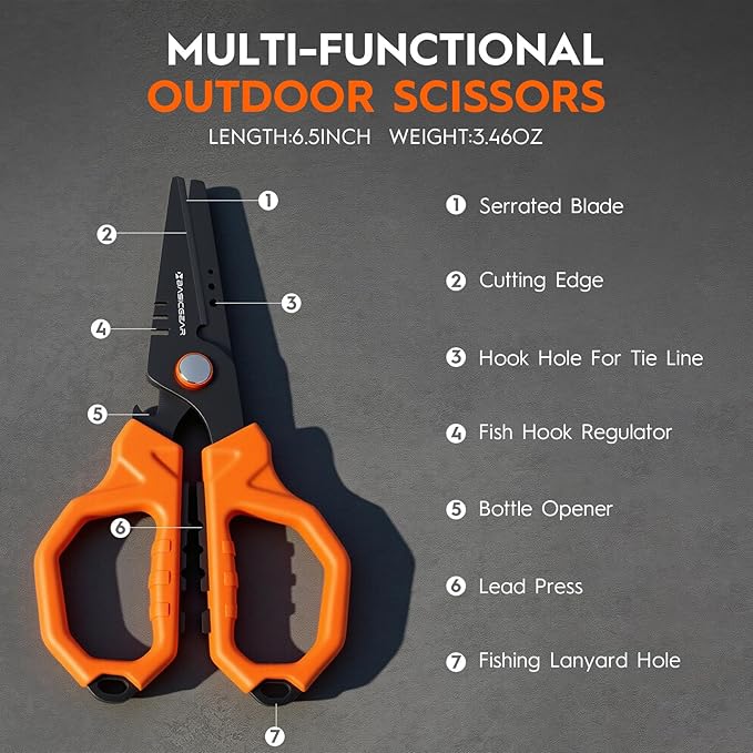 BasicGear Fishing Multi-Tool Scissors – Titanium-Coated, Stainless Steel, Multi-Tool Cutter with Hook Adjuster, Screwdriver, Bottle Opener, Sheath & Non-Slip Grip for Saltwater or Freshwater Use