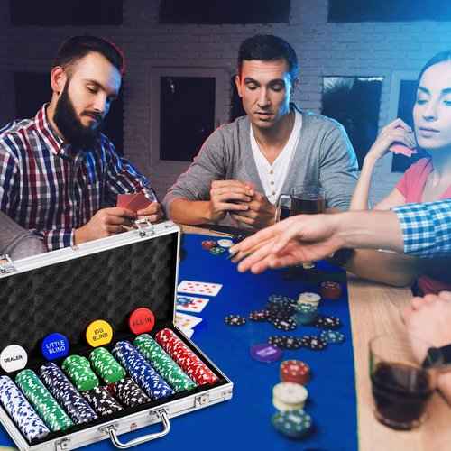 Aoriher Blackjack Casino Game Set, Include 300 Poker Chips, Casino Felt 1 Automatic Card Shuffler 6 Deck Dealer Shoe Discard Holder Tray Aluminum Case for Texas Holdem Blackjack Poker(Blue)