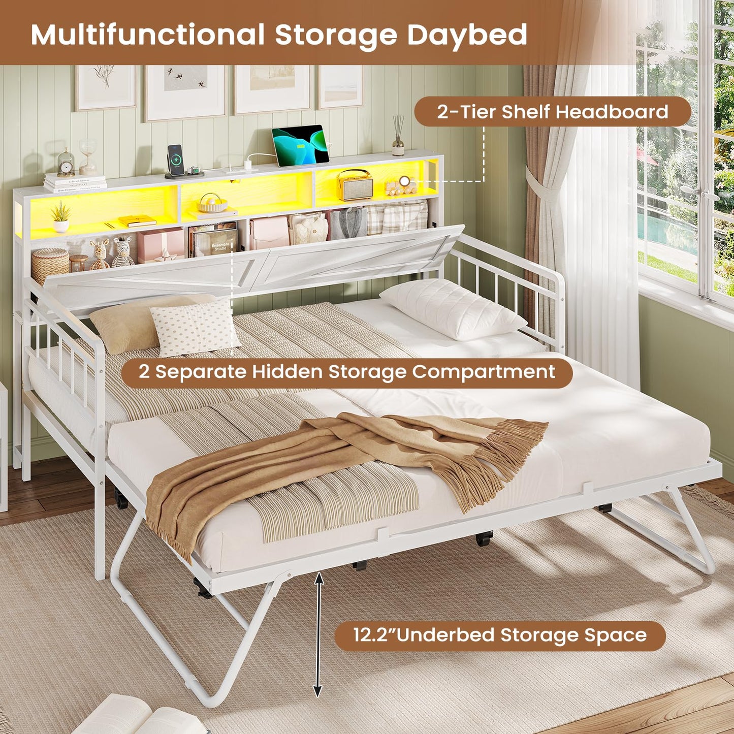 VIAGDO Day Bed with Trundle Bed Twin, Wood Day Bed with Hidden Storage Headboard, Farmhouse Daybed with Charging Station and LED Lights, Twin to King Daybed for Living Room, Guest Room, White