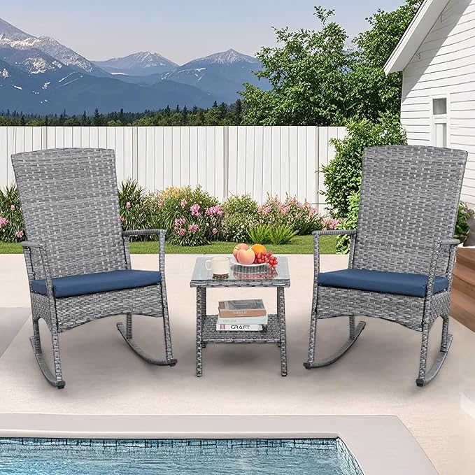 Oasishine Rocking Chair Outdoor 3 Pieces High-Backed Patio Rocking Chairs Bistro Table and Chairs Set of 2, Navy Blue