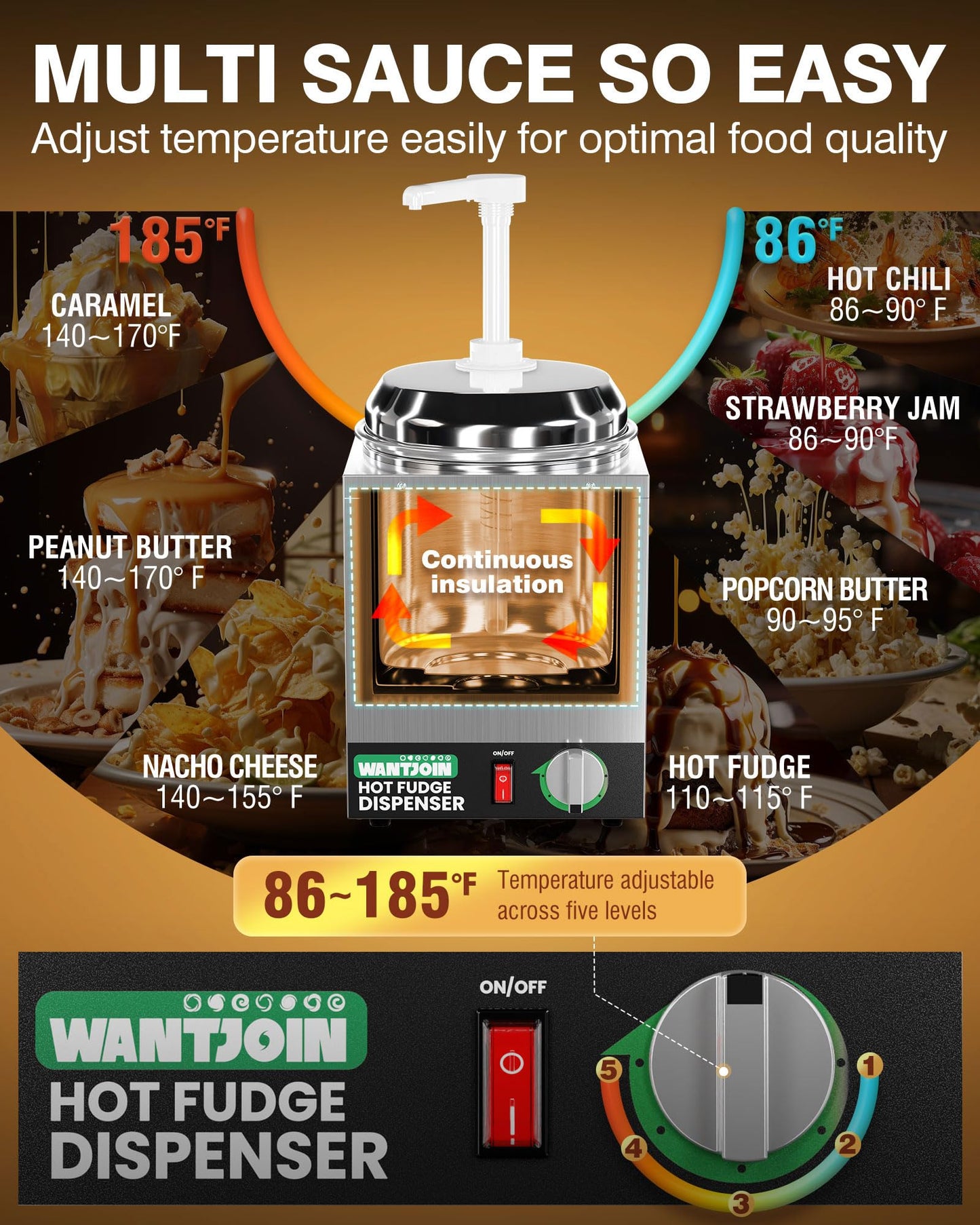 WantJoin Nacho Cheese Dispenser with Pump - 3.5Qt Nacho Cheese Warmer,Stainless Steel Hot Fudge Warmer W/5-Level Temperature Adjustment,Commercial Hot Fudge Dispenser for Hot Fudge Cheese Caramel