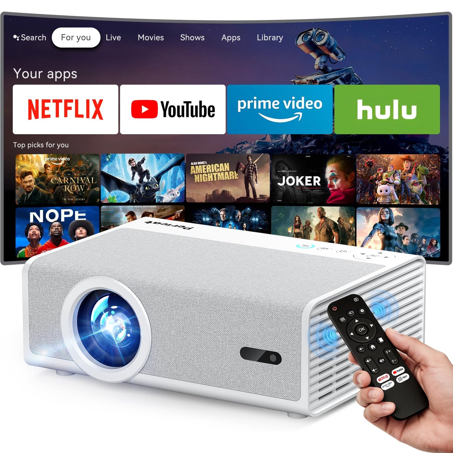 【Officially-Licensed APP & 1800 ANSI】Smart Projector with WiFi and Bluetooth, Pericat 4K Support Portable Outdoor Movie Bluetooth Proyector, Native 1080P Projector for Bedroom/ Home / Wall /Ceilling