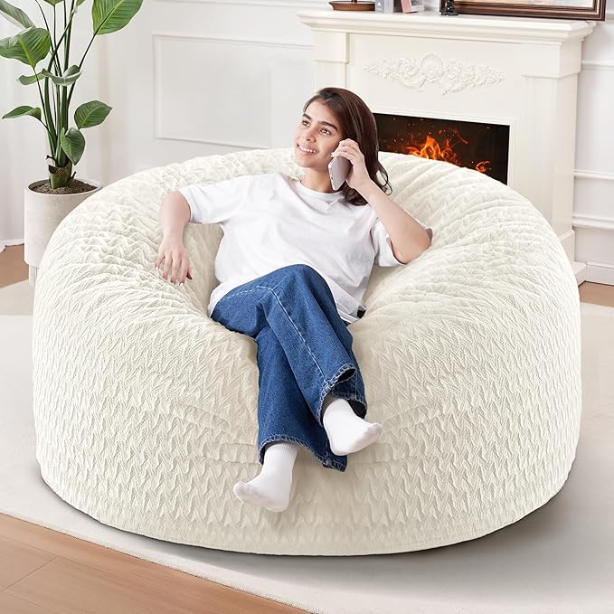 HABUTWAY 4FT Bean Bag Chair,Giant Bean Bag Chairs for Adults,Big Bean Bags with Memory Foam Filled, Large Beanbag Chairs with Chevron Plush Cover-White