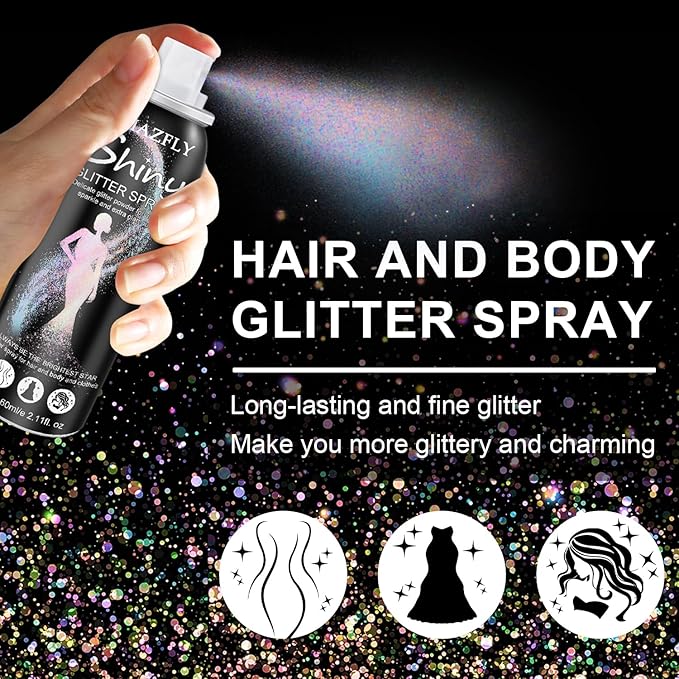 Hair and Body Glitter Spray, Aerosol Glitter Spray for Hair and Body, Long-Lasting and Quick-Drying Silver Glitter Hairspray Suitable for Stage, Festival Rave and Makeup Prom (Rainy-Rainbow)