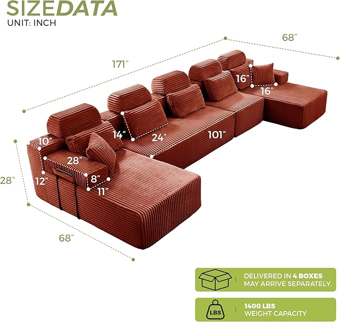 171" U-Shaped Cloud Modular Sectional Sofa with Chaise & Headrest, Boneless Deep Seat Plush Corduroy Couches for Large Living Room, No Assembly Required (Orange, 171" U-shapred Chaise)
