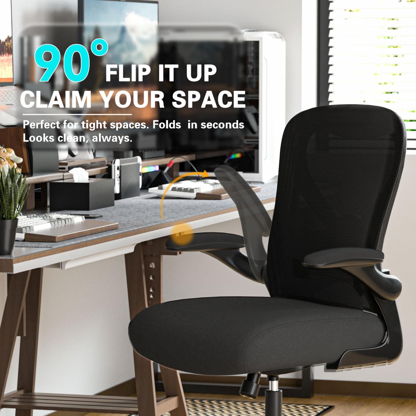 CASASIO Office Desk Chair with Ergonomic Lumbar Support, Extra-Thick Seat Cushion, Flip-up Arms, Breathable Mesh Back, Computer Task Chair for Home Office