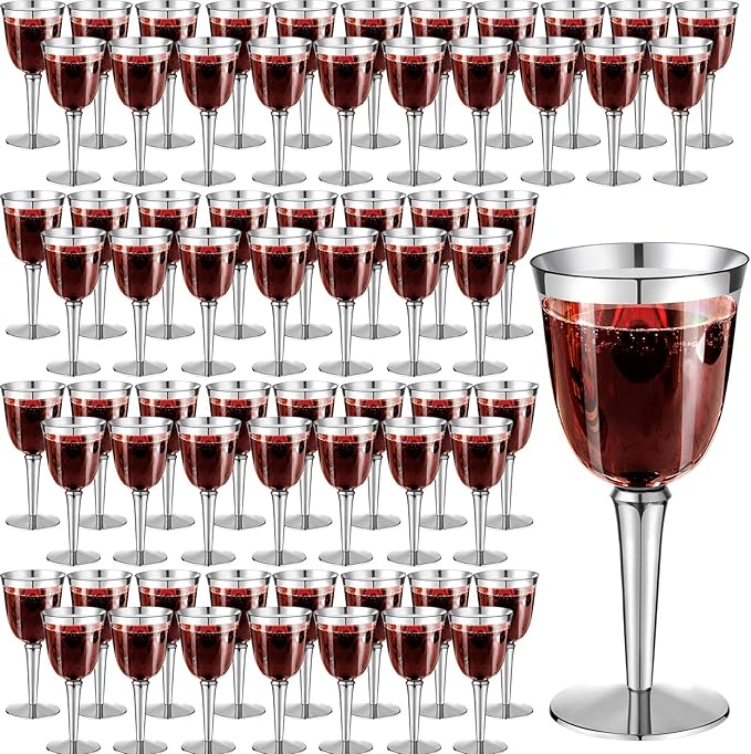 Yoande 100 Pack Rimmed Disposable Plastic Wine Glasses Bulk 8 Oz Elegant Fancy Wine Cups Stemmed Wine Glasses Clear Cockta...