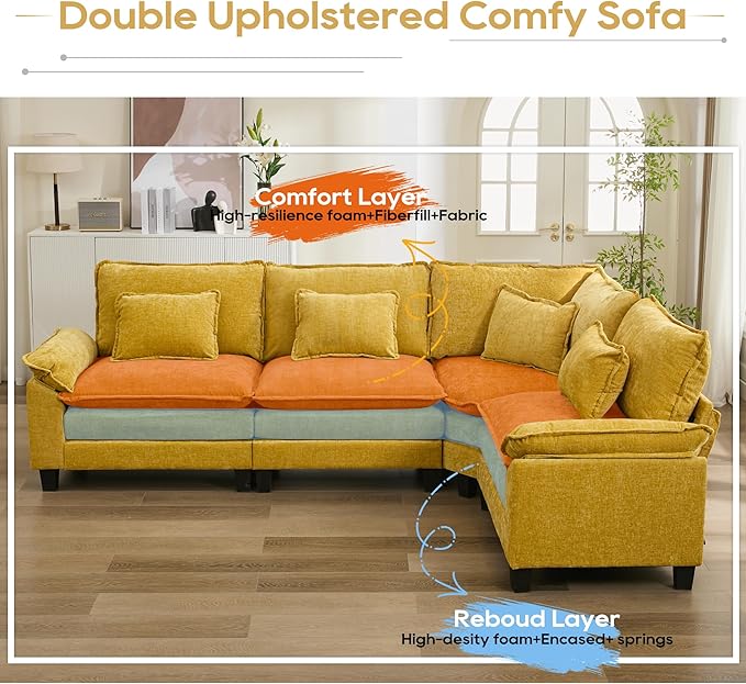 URRED Cloud Couch Modular Sectional Sofa, 116" Modern L Shaped Deep Seat Sofa with Pillows, Ultra Comfy Chenille Corner Couches for Living Room, Bedroom or Apartment, Yellow