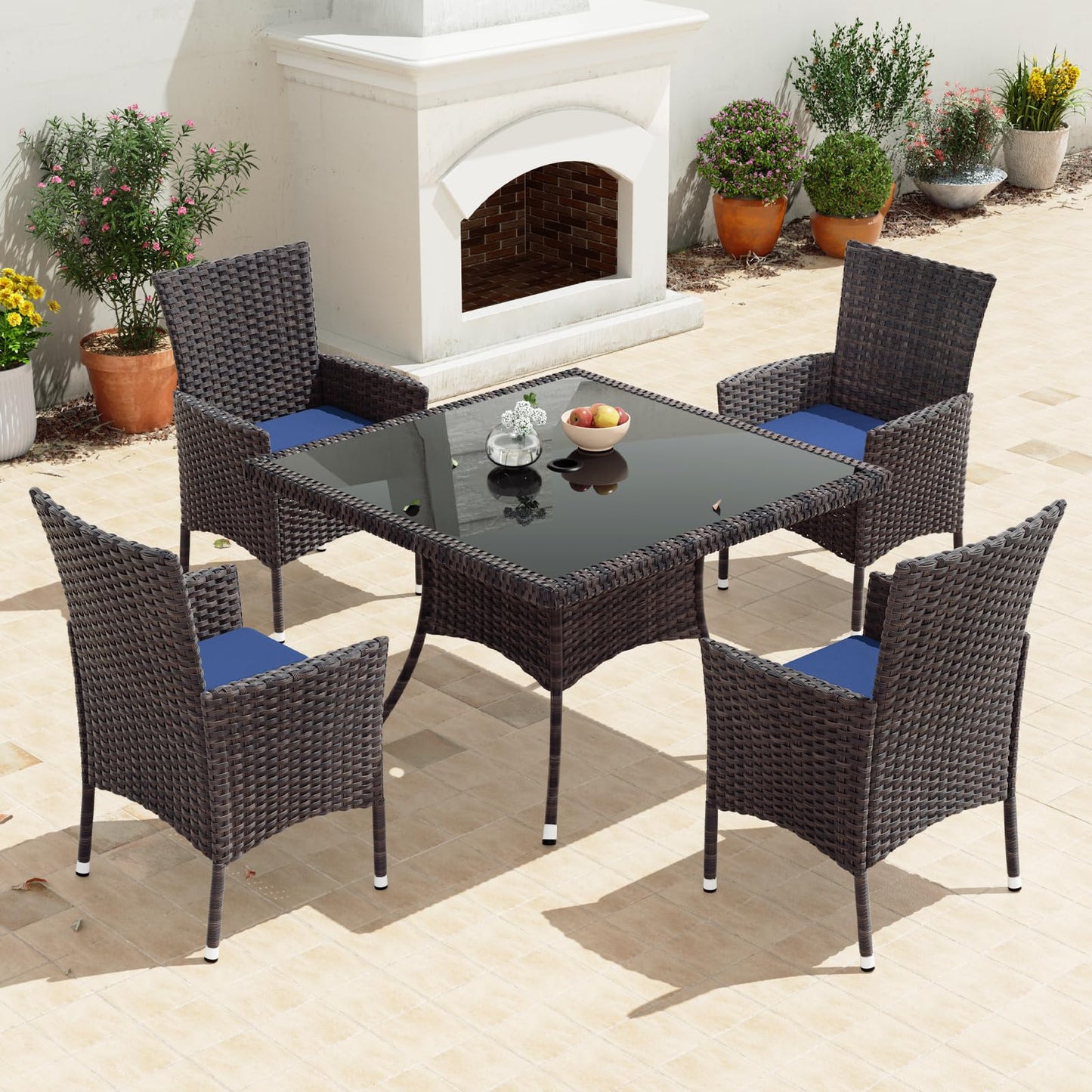 Gotland 5-Piece Indoor/Outdoor Dining Table Set, Garden Patio Rattan Set with w/Tempered Glass Tabletop with Removable Cushions and Umbrella Cutout for Patio, Backyard,4 Chairs - Navy