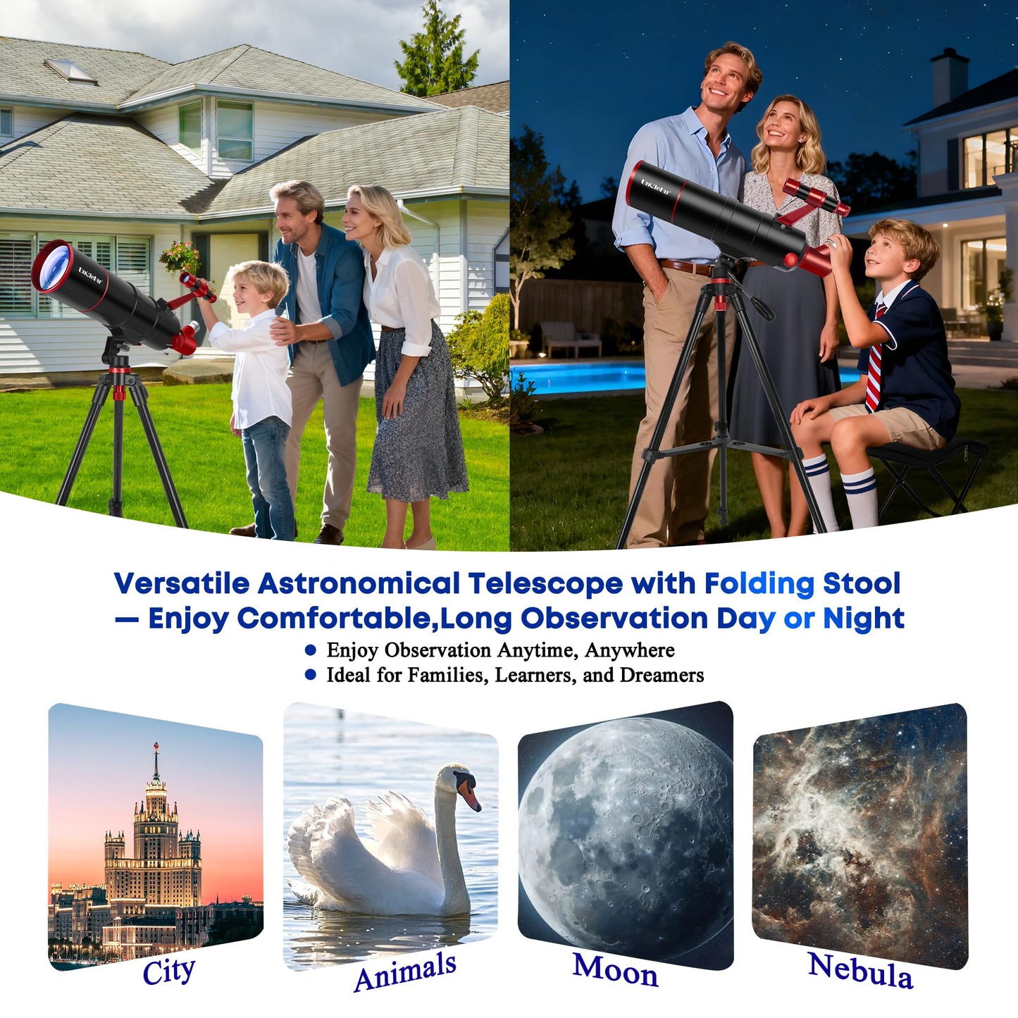 Telescope for Adults High Powered, 90mm Aperture 550mm Professional Telescope for Kids&Beginners with Folding Stool&Tripod&Phone Adapter&Carrying Bag, Portable Travel Refractor Astronomical Telescopes