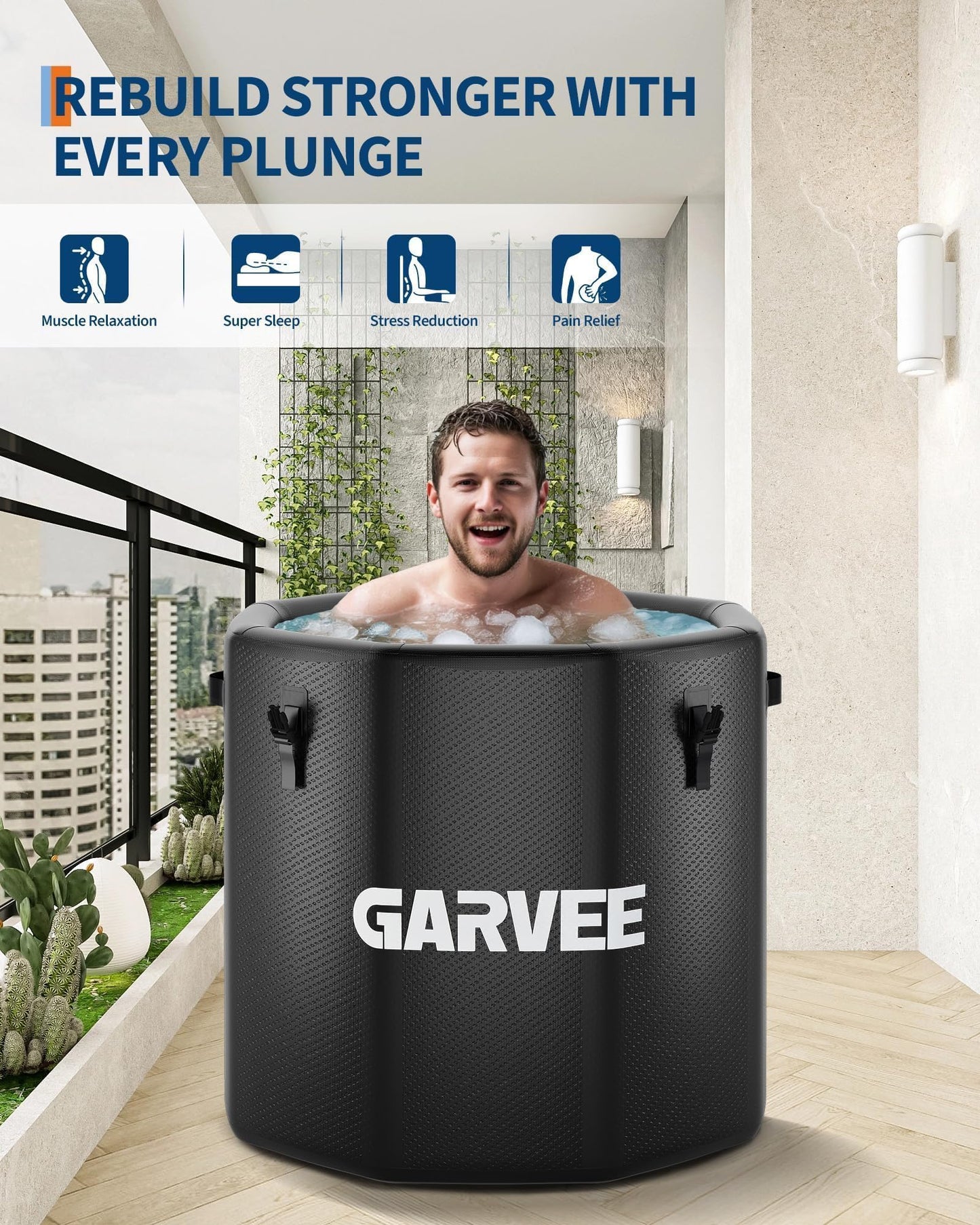 GarveeTech Ice Bath Tub for Athletes, Compatible with Water Chillers, 186Gallon Inflatable Cold Plunge Tub with Insulated Lid, Portable Cold Water Therapy Ice Pod for Recovery (Black, 186Gallon)