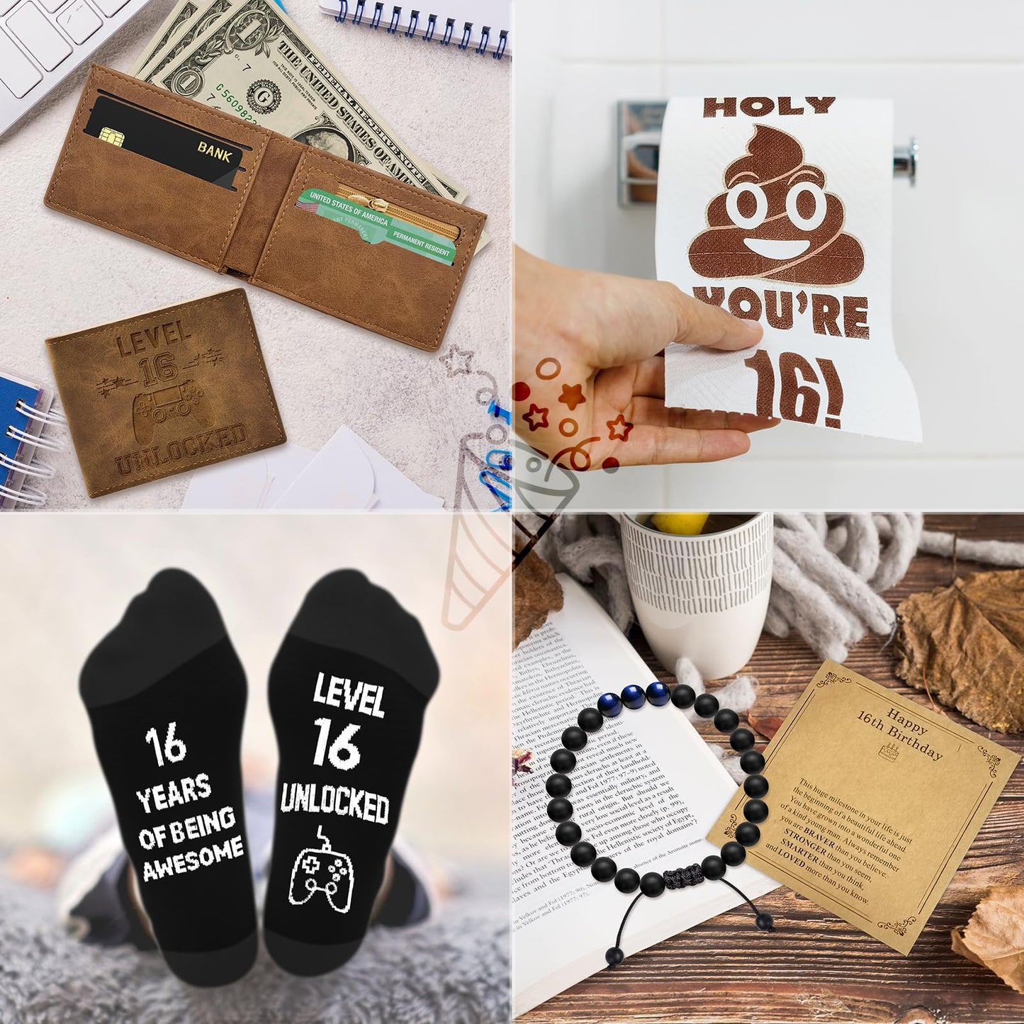 JTAMOHI 8 Pcs Happy 16th Birthday Gifts for Boys, 16 Year Old Boy Birthday Gifts Ideas with 20 Oz Tumbler, Funny Socks, Toilet Paper, Teen Wallet, Bracelet, Keychain for Son, Nephew, Grandson, Brother