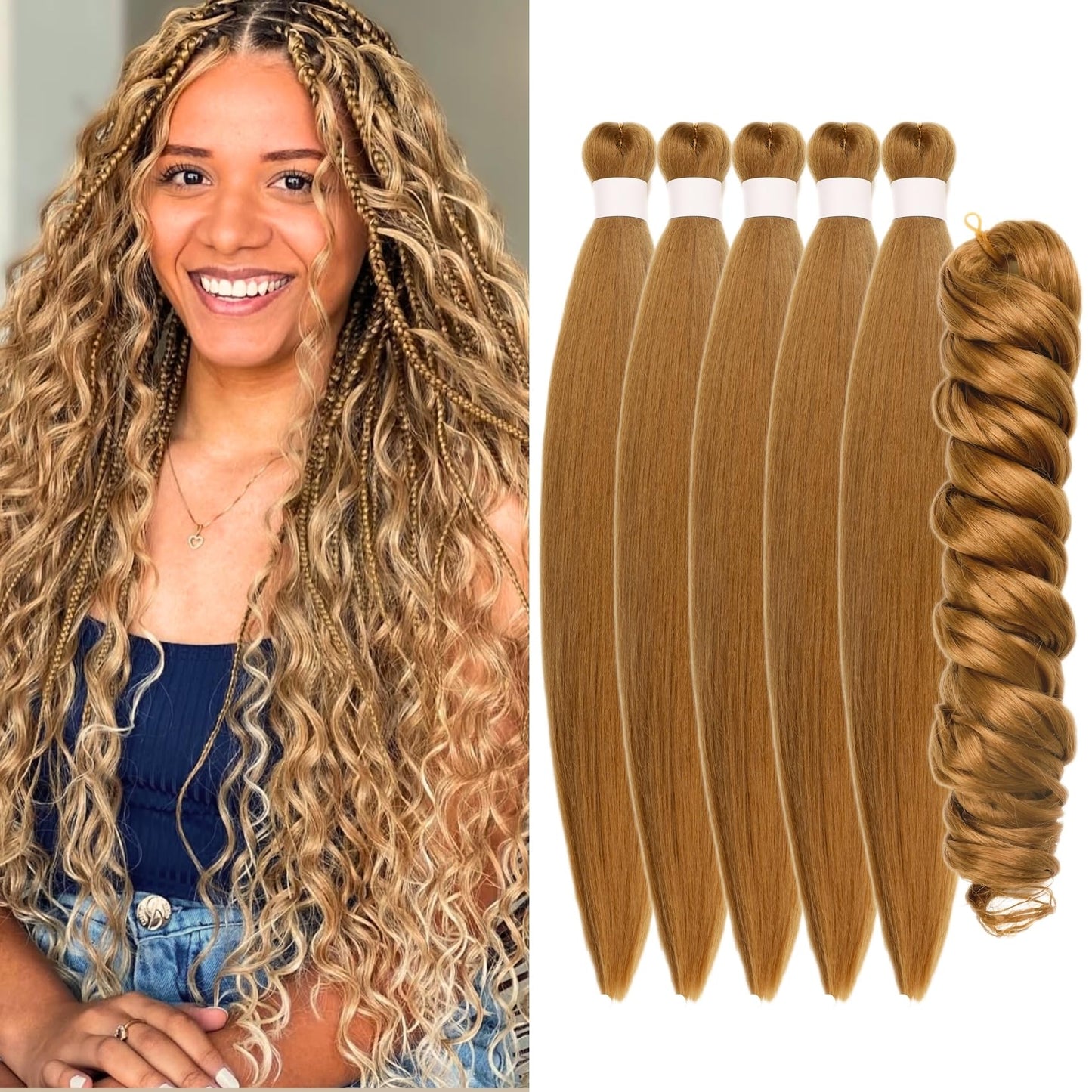 Honey Blonde Braiding Hair Pre Stretched Knotless Braiding Hair for Boho Braids Ocean Wave Boho Hair Extensions for Braiding (6