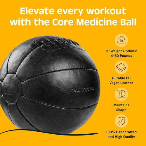 Retrospec Core Weighted Medicine Ball 4, 6, 8, 10, 12, 14, 16, 20, 25, 30 lbs, Soft Touch Vegan Leather with Sturdy Grip for Strength Training, Recovery, Balance Exercises and Other Full-Body Workouts