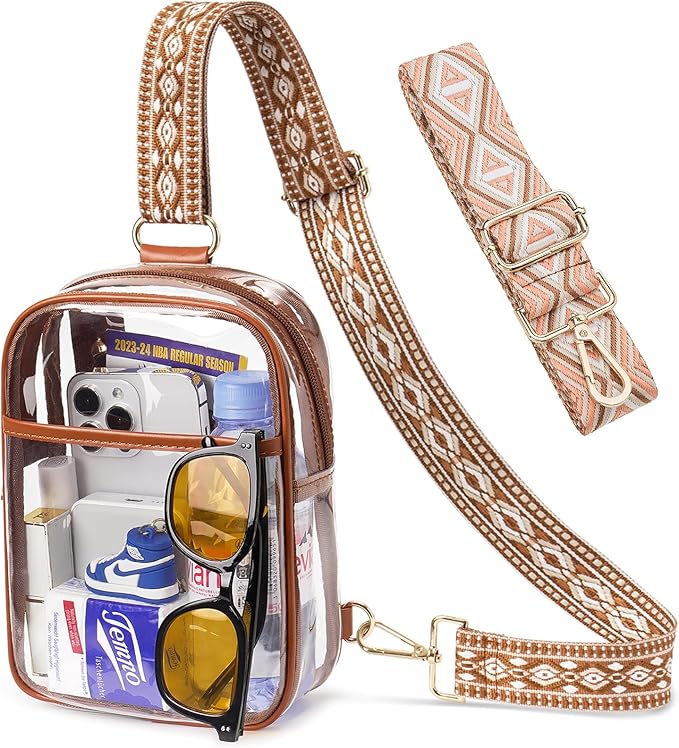 QOECI 3 Pockets Clear Bag for Stadium Events with 2 Long Straps Sling Backpack Fanny Pack Concert Crossbody Purses for Women