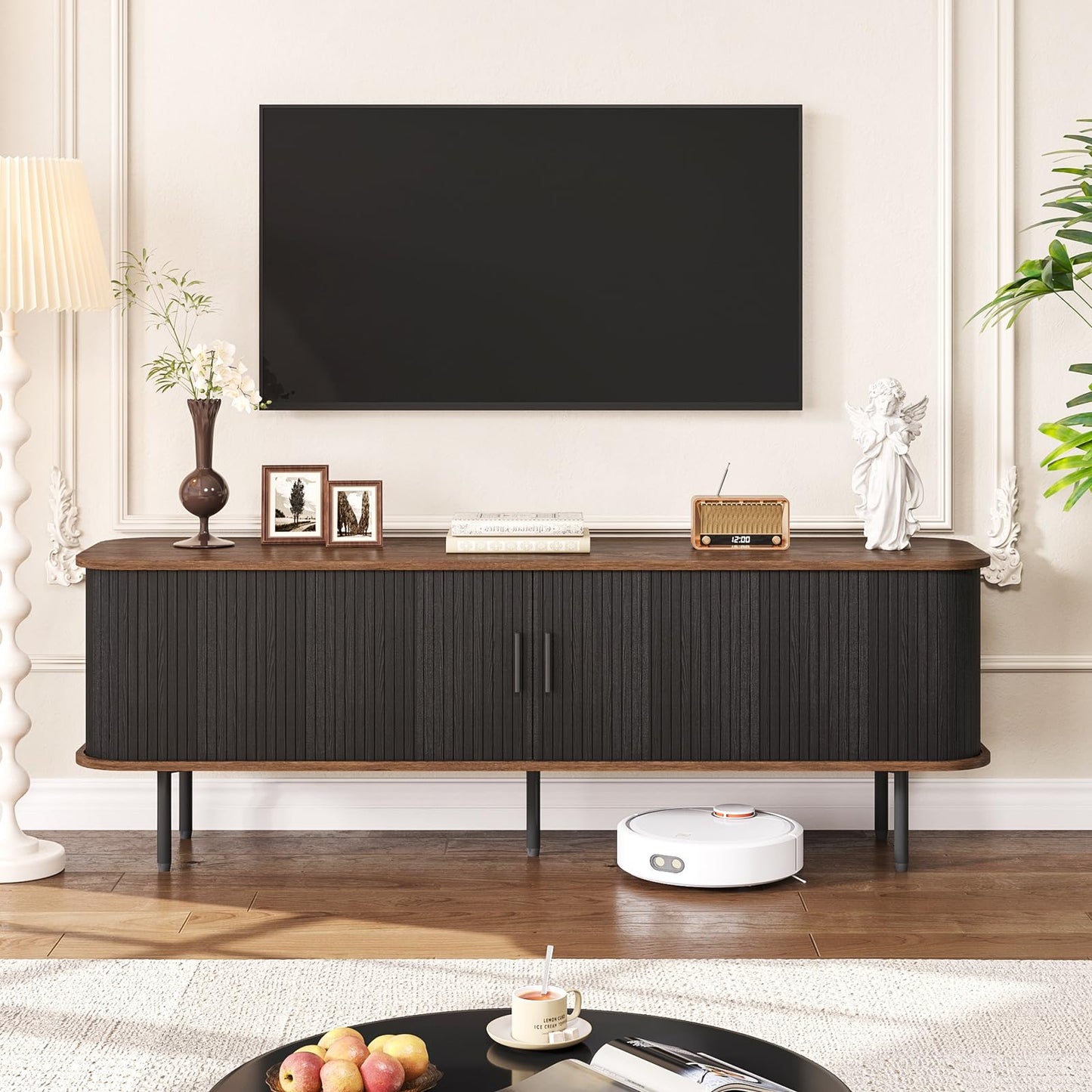 63" Modern Fluted TV Stand for TVs up to 75 Inch , Gaming Entertainment Center with Tambour Slatted Sliding Doors and Storage Cabinet, Media TV Consoles Table for Living Room, Office, Black