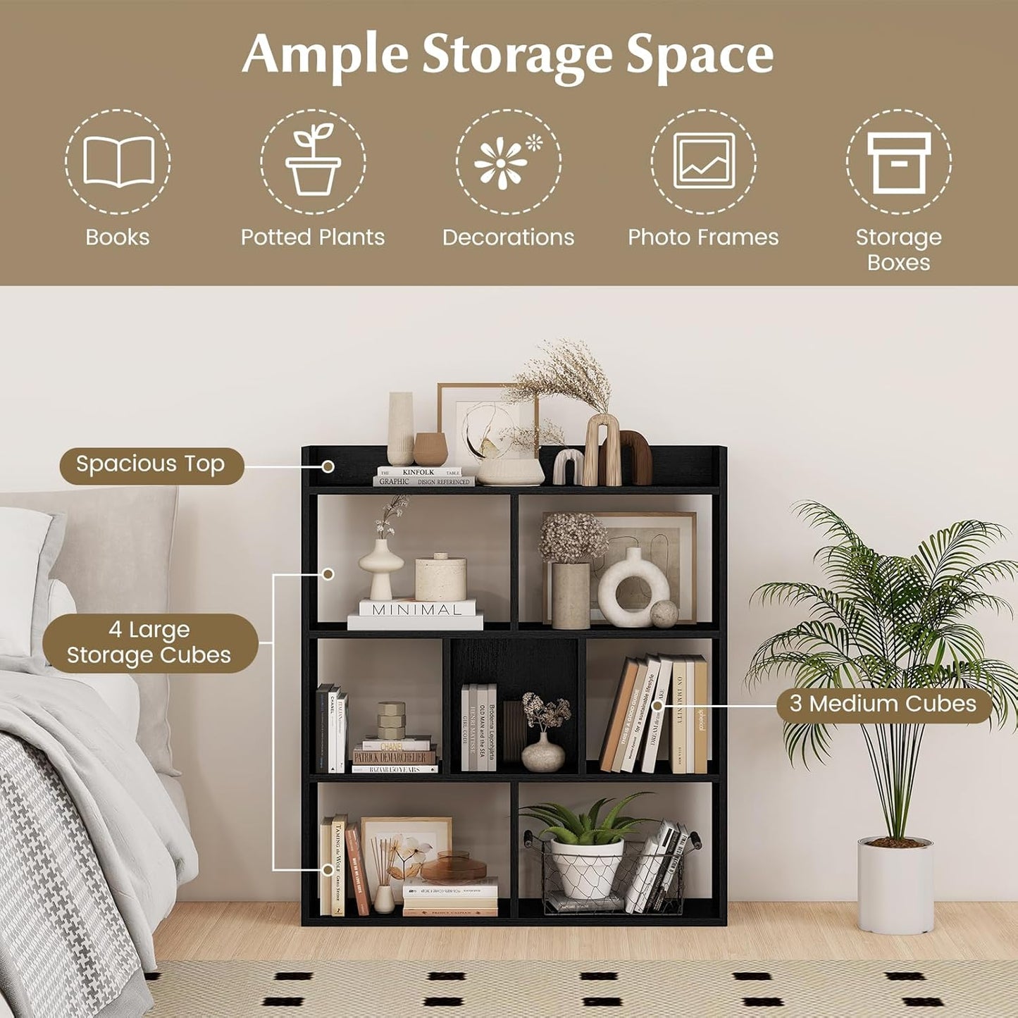 Giantex 7 Cubes Bookshelf, Free-Standing Wooden Bookcase, 4 Tier Home Display Shelf, Horizontal Storage Unit w/Anti-Toppling Devices, Open-Back Display Rack for Study, Living Room (1, Black)