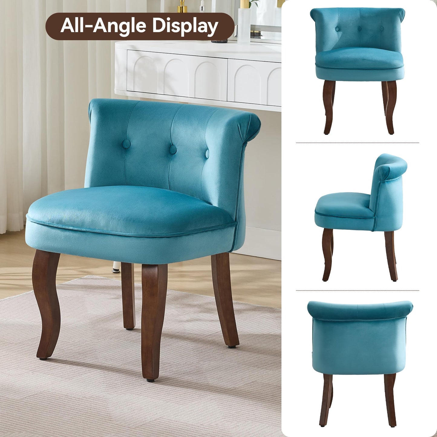 Velvet Vanity Chair with Back, Tufted Upholstered Vanity Stool with Solid Wood Legs, Mid Century Small Makeup Chair for Vanity, Accent Chair for Bedroom, Living Room, Teal