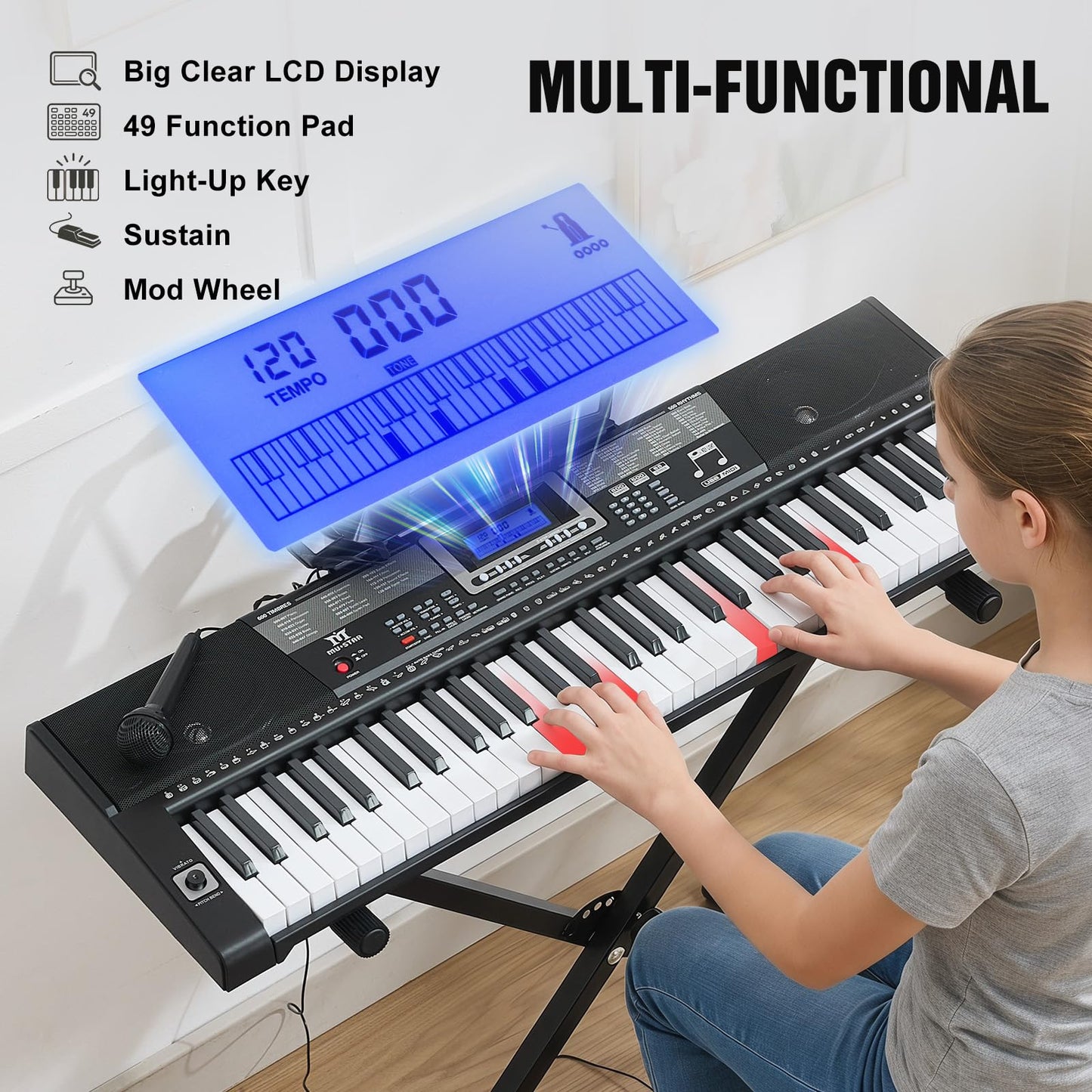 MUSTAR Piano Keyboard, 61 Key Keyboard Piano Electric Piano with Stand, Touch Sensitive Keyboards Piano 61 Key for Beginners, Headphones, Microphone, MP3/USB/LCD Screen, Holiday Birthday Gifts